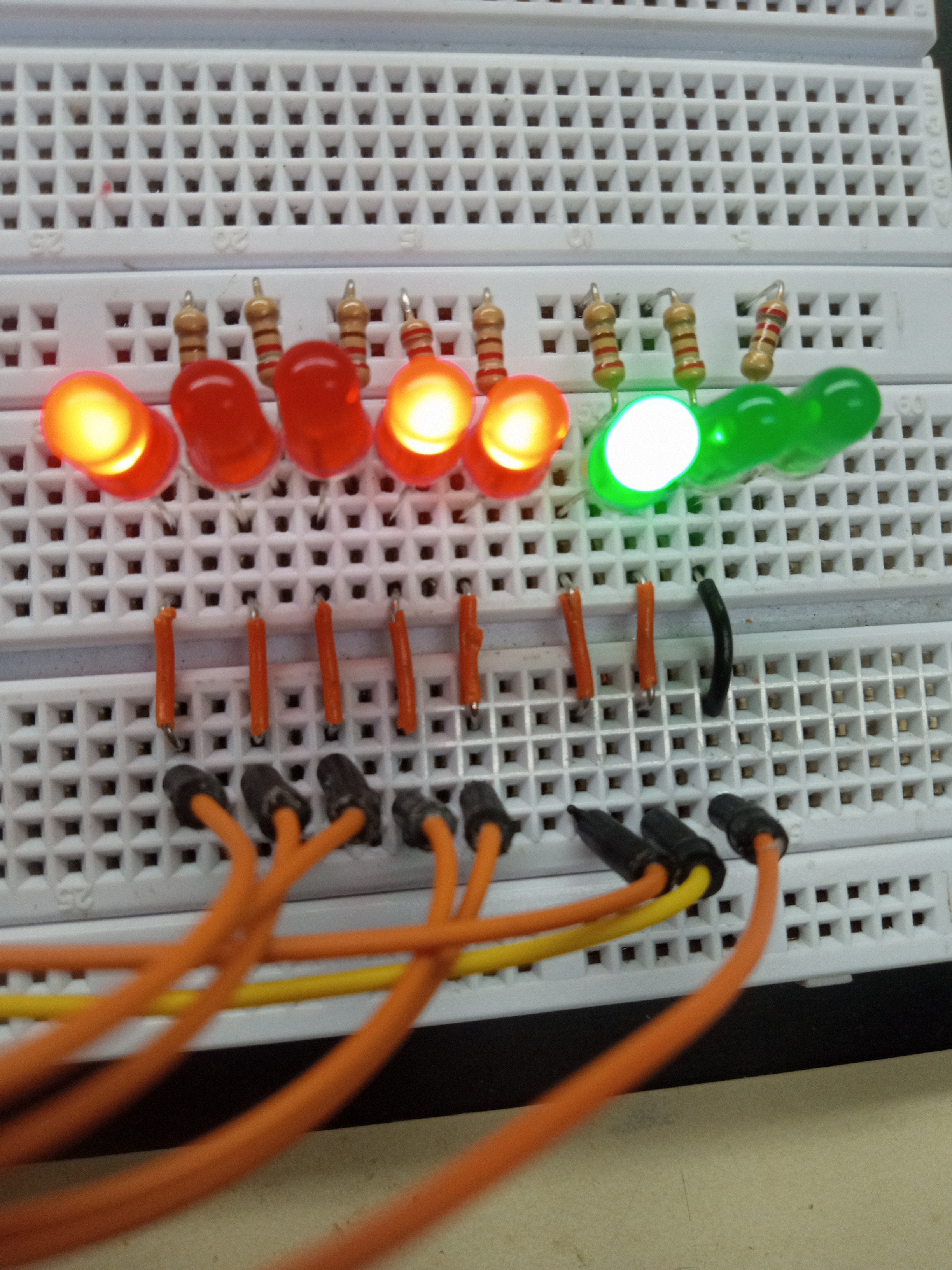 Close-up of LEDs on the breadboard shift register circuit
