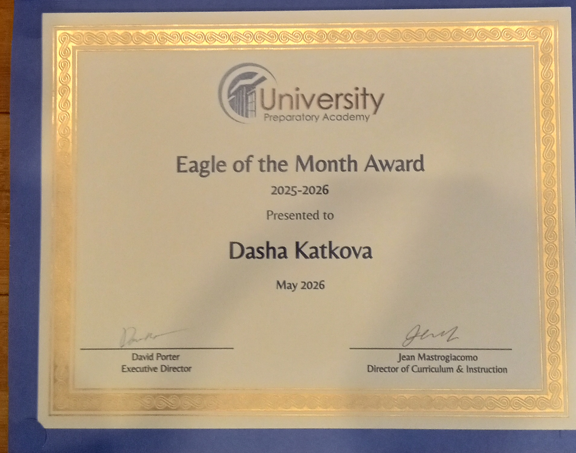 Eagle of the Month Award certificate