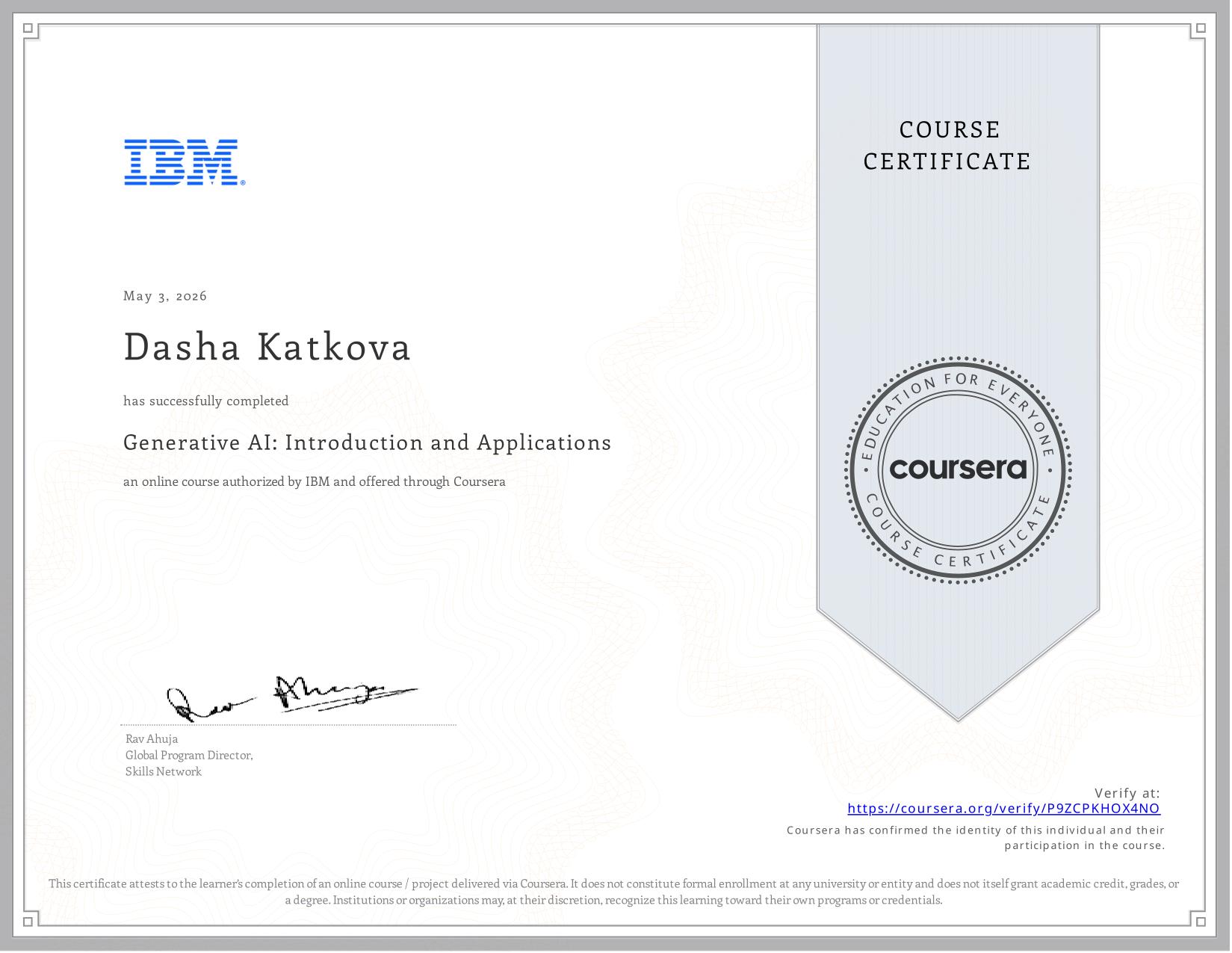 Generative AI Introduction and Applications certificate