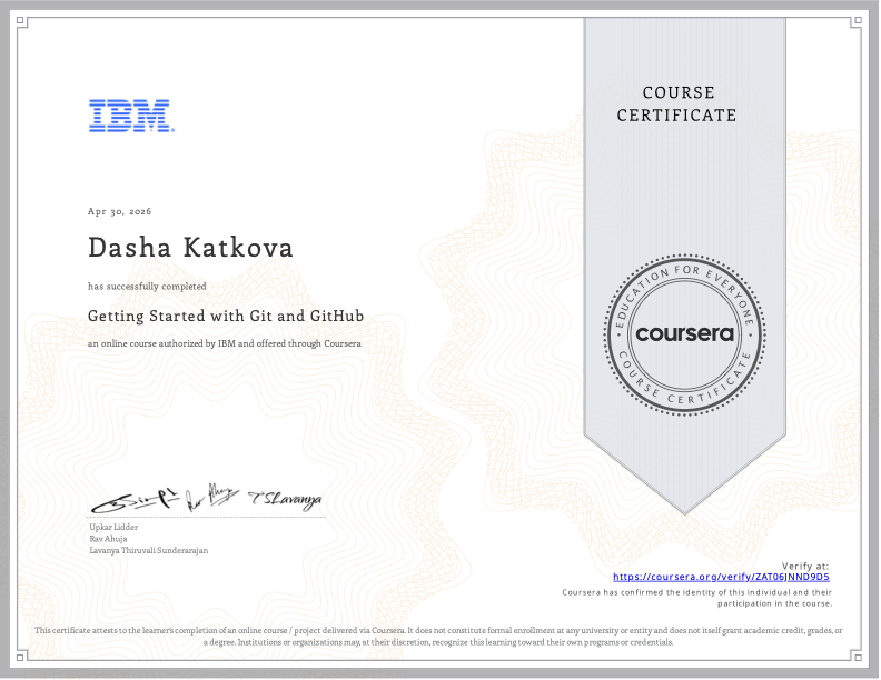 Getting Started with Git and GitHub certificate