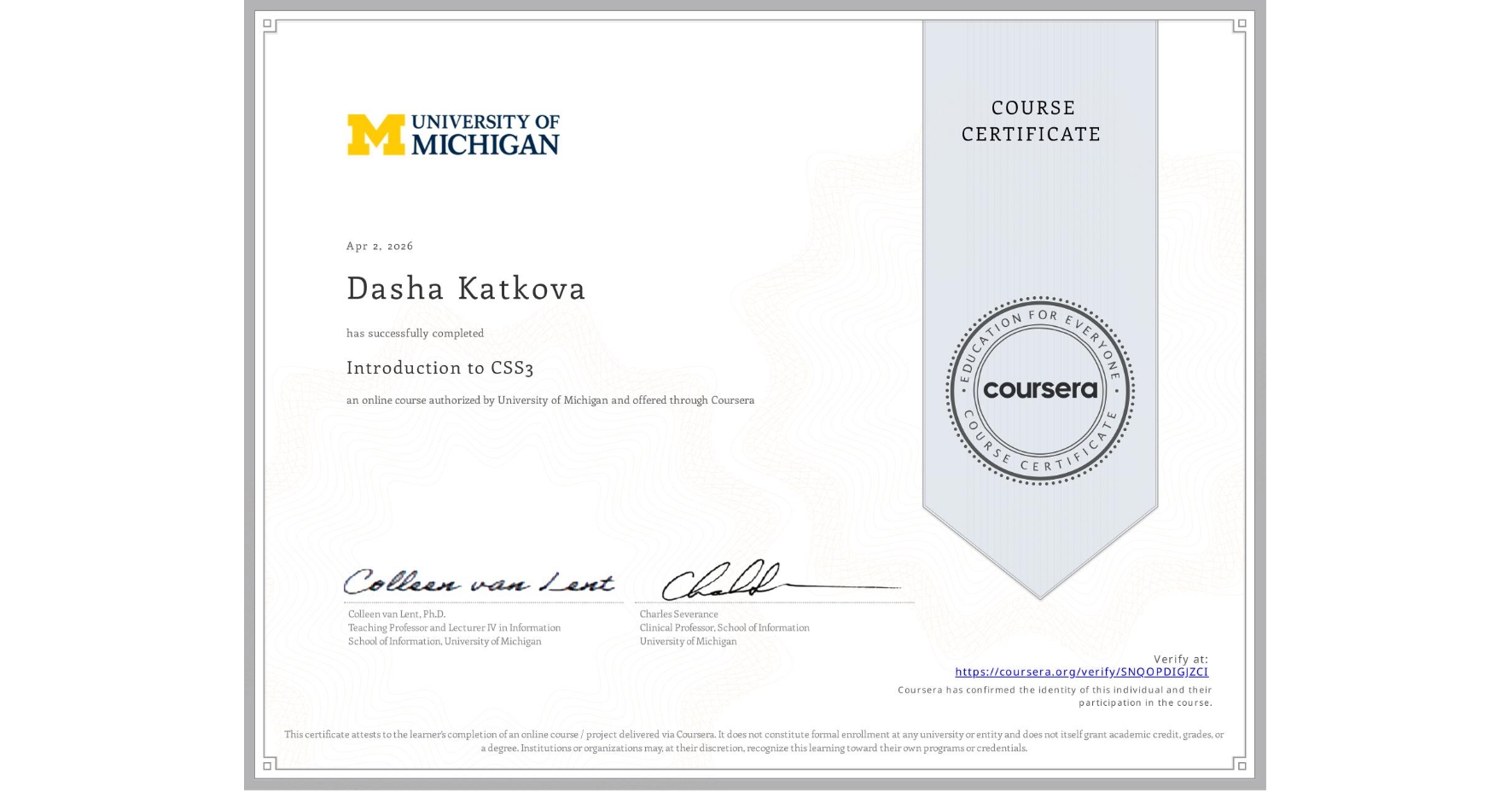 Introduction to CSS3 certificate