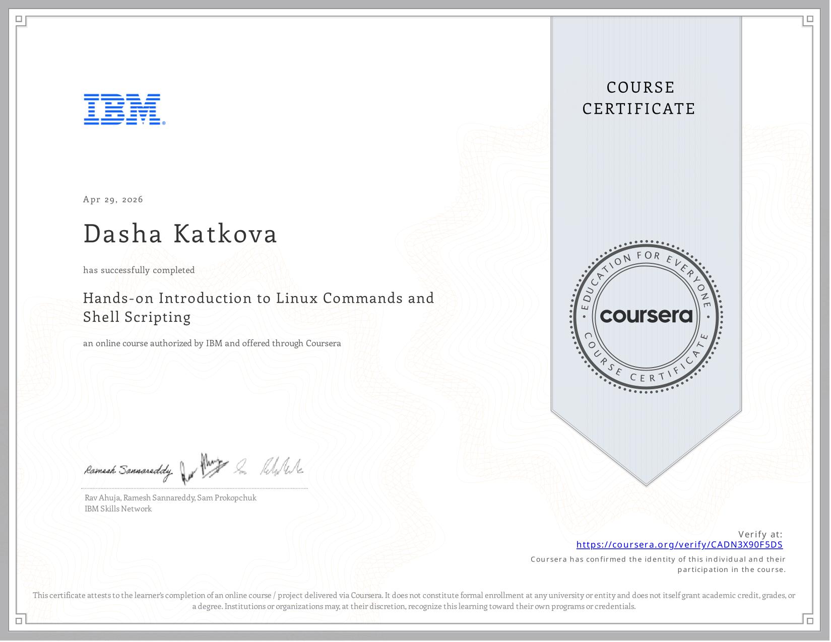 Linux Commands and Shell Scripting certificate