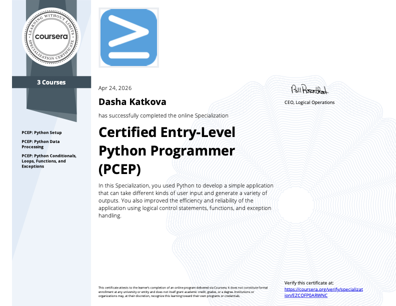 Certified Entry-Level Python Programmer certificate