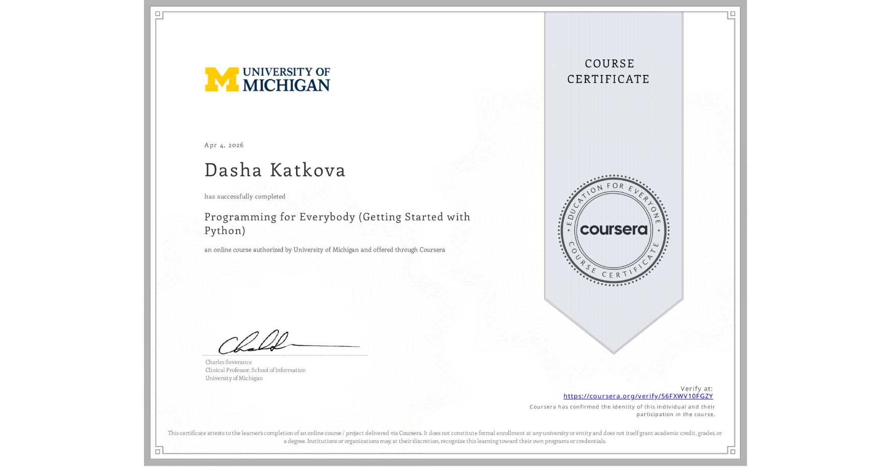 Programming for Everybody certificate