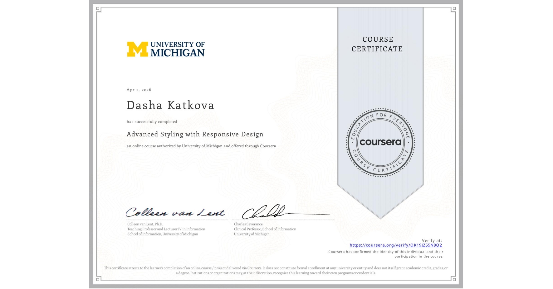 Advanced Styling with Responsive Design certificate