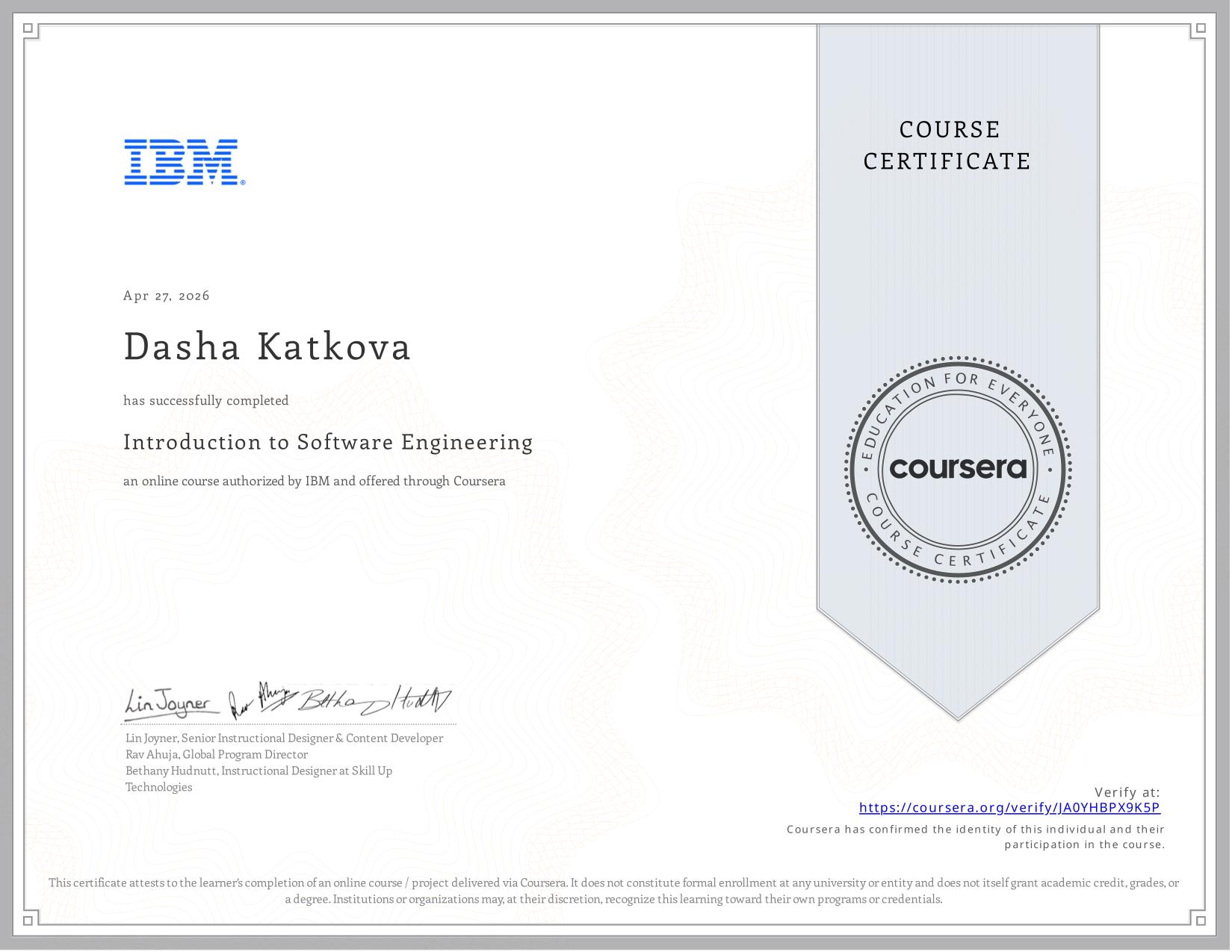 Introduction to Software Engineering certificate