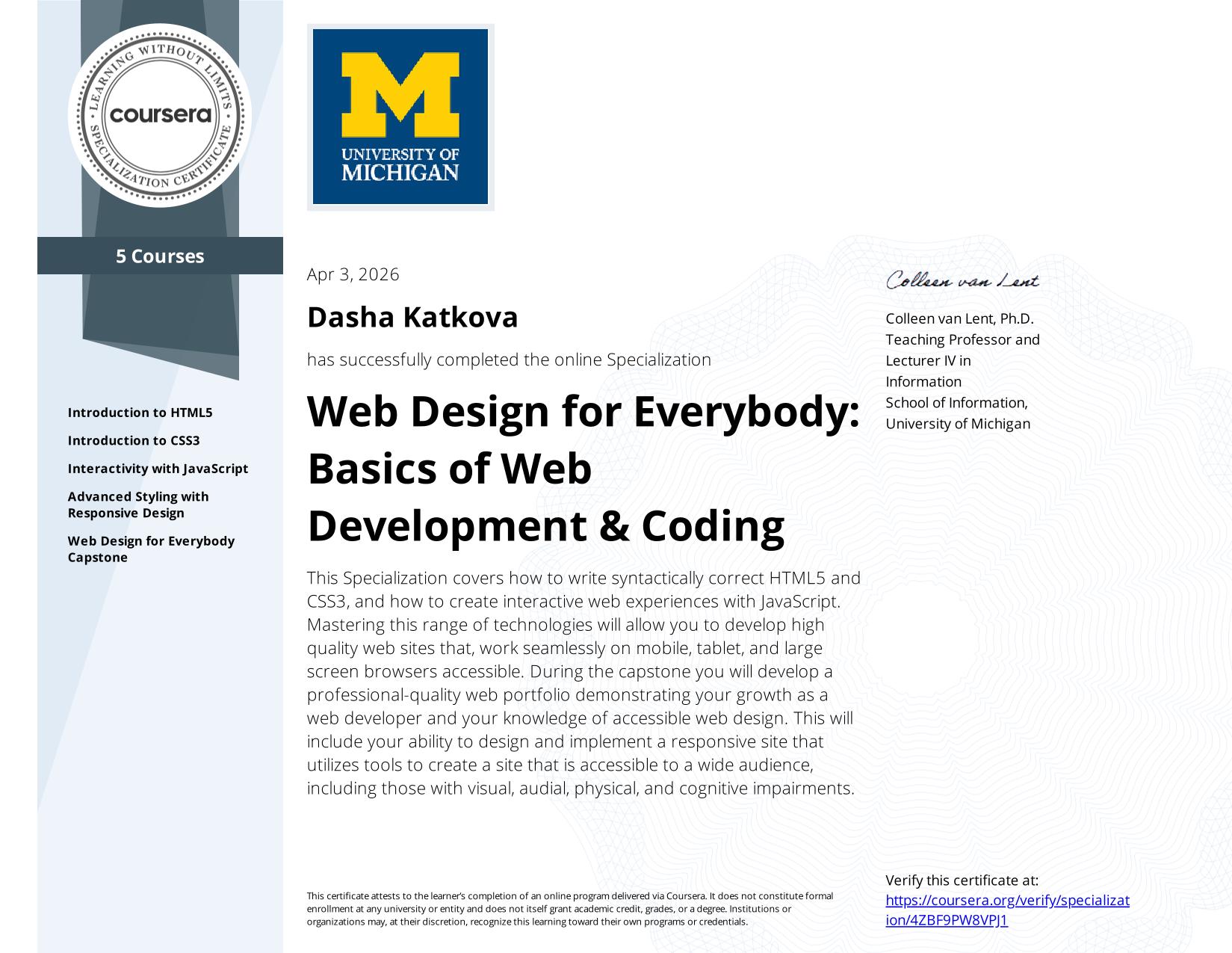 Web Design for Everybody Specialization certificate.