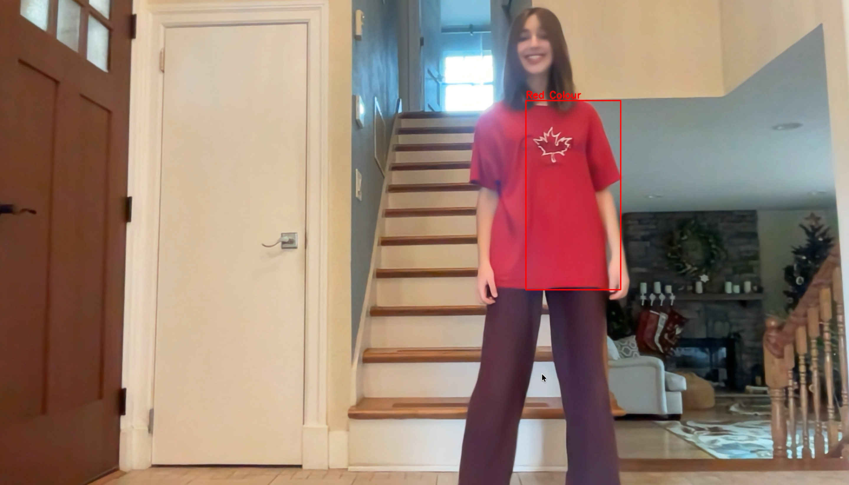 A computer vision demo detecting the color red on a shirt.