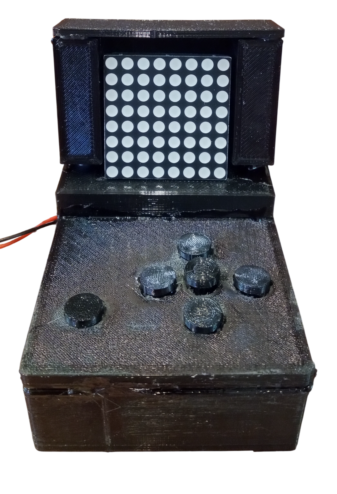 Black 3D printed 8 by 8 red LED matrix tablet with six push buttons