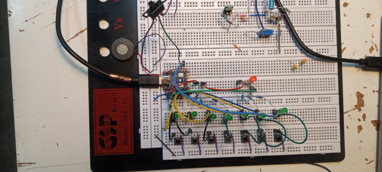 Final bread board with new buttons and smaller buzzer