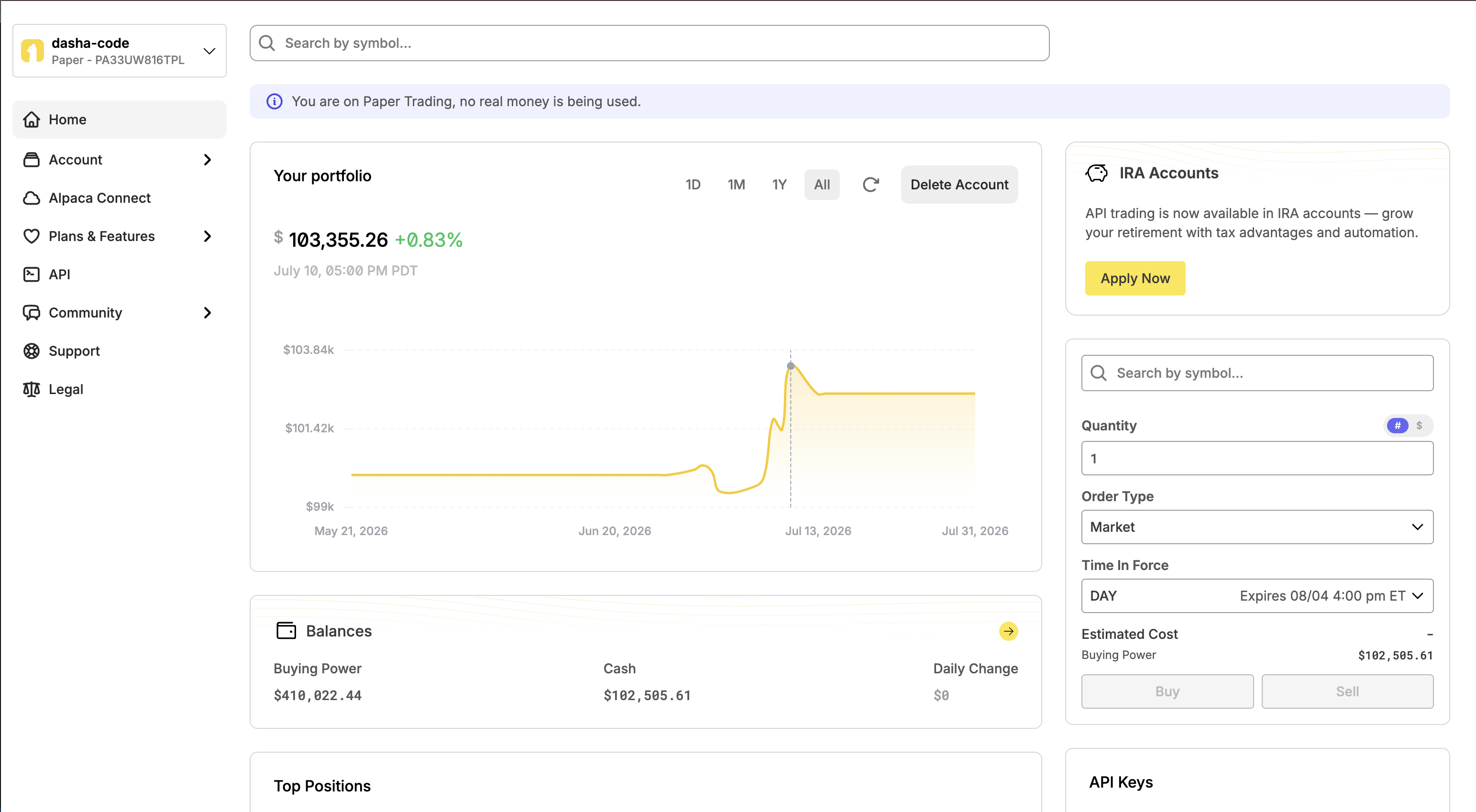 Alpaca paper trading dashboard showing an automated stock trading project.