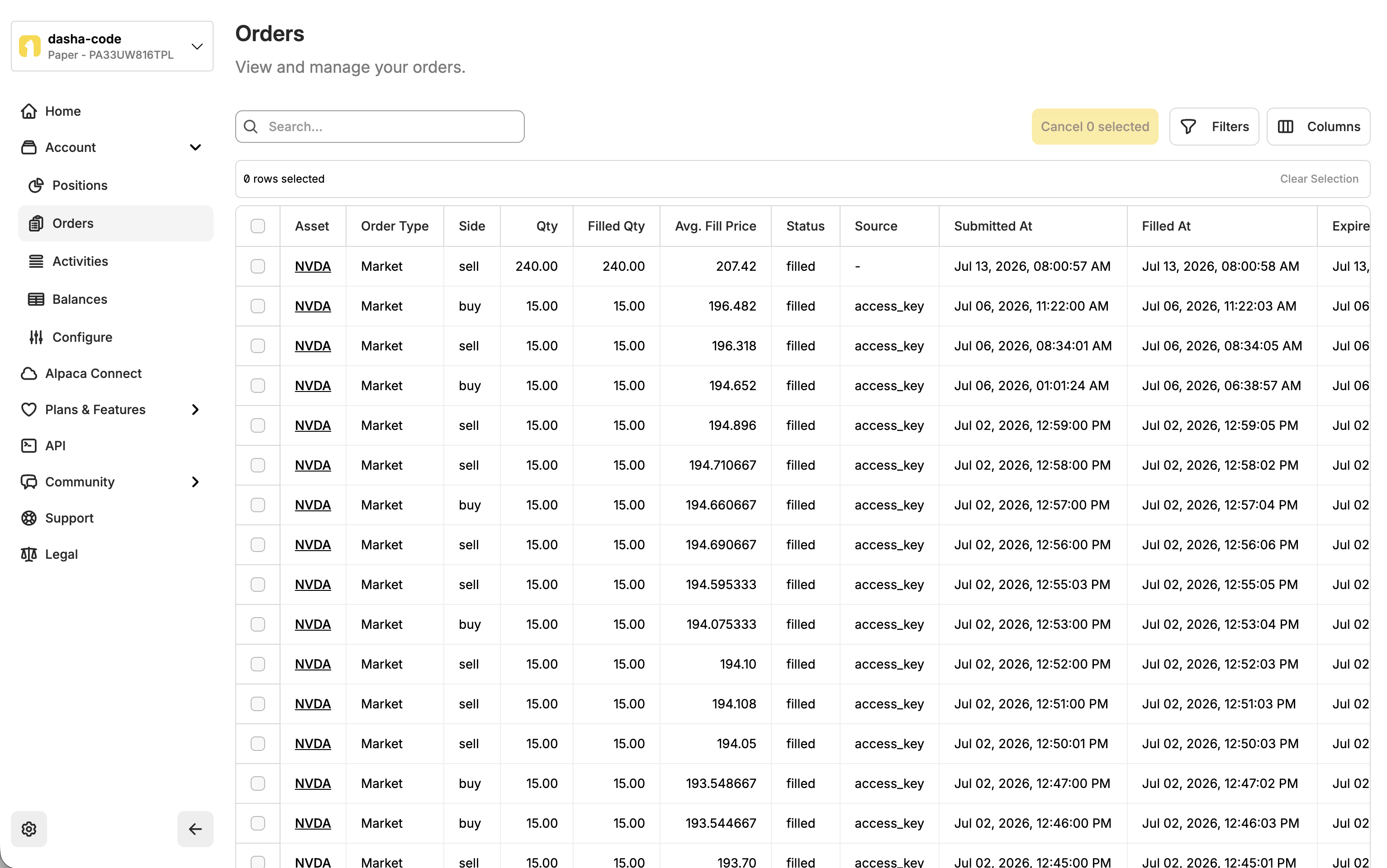 Alpaca orders page showing filled buy and sell orders from the automated trader.